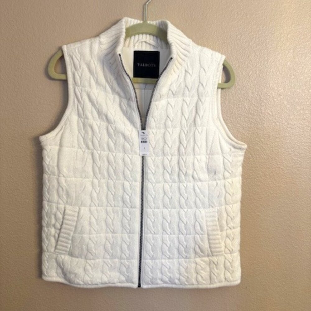 Talbots Quilted Sweater Puffer Vest Ivory Womens S Fits like M BNWT